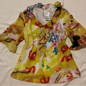 Vintage Dress-U by Sharon Yellow Floral Ruffle Top - Size 10